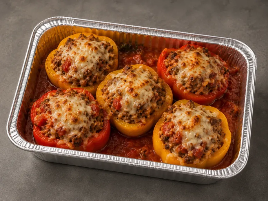 Five stuffed bell peppers with turkey, quinoa, tomato sauce and melted cheese in a half-size aluminum tray