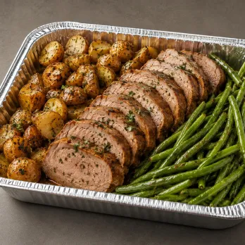 Pork Tenderloin Family Bundle with sliced roasted pork, potatoes and green beans in a half-size aluminum tray