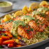 Salmon Lemon Herb Family Bundle platter with roasted salmon fillets, orzo pasta, and roasted vegetables – serves 5