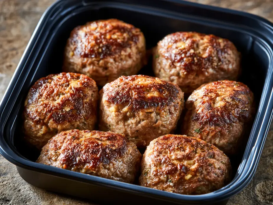 Angus Beef Meatballs sold by the ounce in a black meal-prep container.