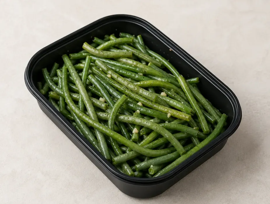 Steamed Haricot Verts in a black meal-prep container.