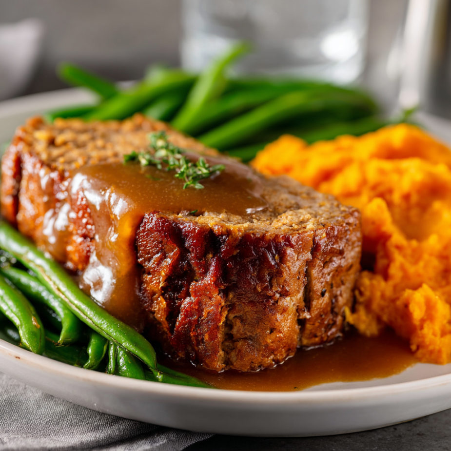 Turkey Meatloaf Family Bundle platter with turkey meatloaf, gravy, mashed sweet potatoes, and green beans