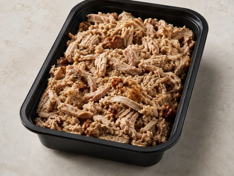 Slow Roasted Pulled Pork in a black meal-prep container.