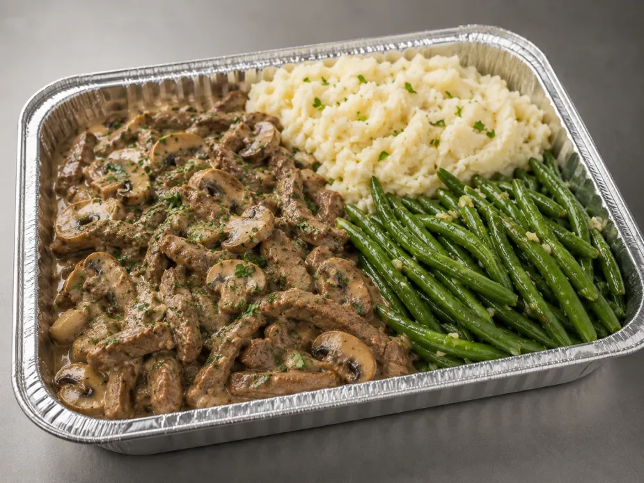 Beef Stroganoff Family Bundle in a half-size tray with creamy beef and mushrooms, mashed potatoes and green beans