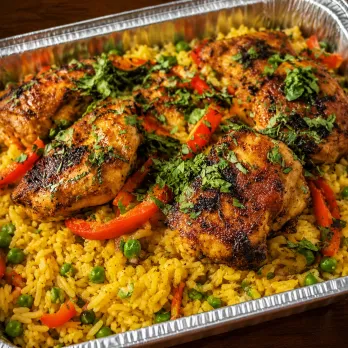 Peruvian Arroz con Pollo Family Bundle with roasted chicken, seasoned rice, peas and peppers in an aluminum tray