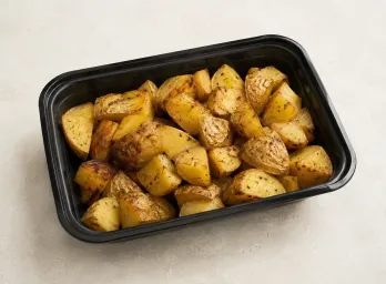 Roasted Yellow Potatoes in a black meal-prep container.