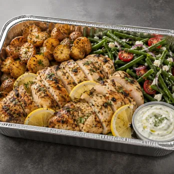 Greek Lemon Chicken Family Bundle with roasted lemon oregano chicken, potatoes and tzatziki in a half-size tray