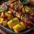 Peruvian Chicken Anticuchos Family Bundle platter with grilled chicken skewers, corn on the cob, and roasted peppers – serves 5