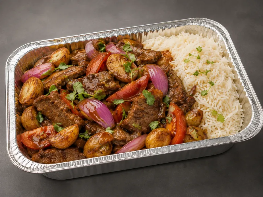 Peruvian Lomo Saltado Family Bundle with glossy beef, red onion, tomato, roasted baby potatoes and rice in an aluminum tray