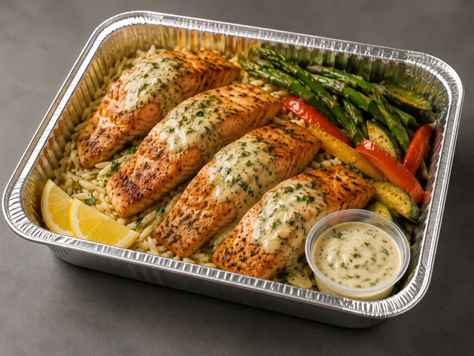 Lemon Herb Salmon Family Bundle in a half-size aluminum tray with roasted salmon, orzo and vegetables