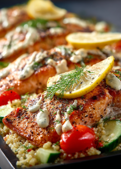 Mediterranean Salmon Family Bundle platter with salmon, couscous, cucumber salad, and tahini