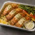Lemon Herb Salmon Family Bundle in a half-size aluminum tray with roasted salmon, orzo and vegetables