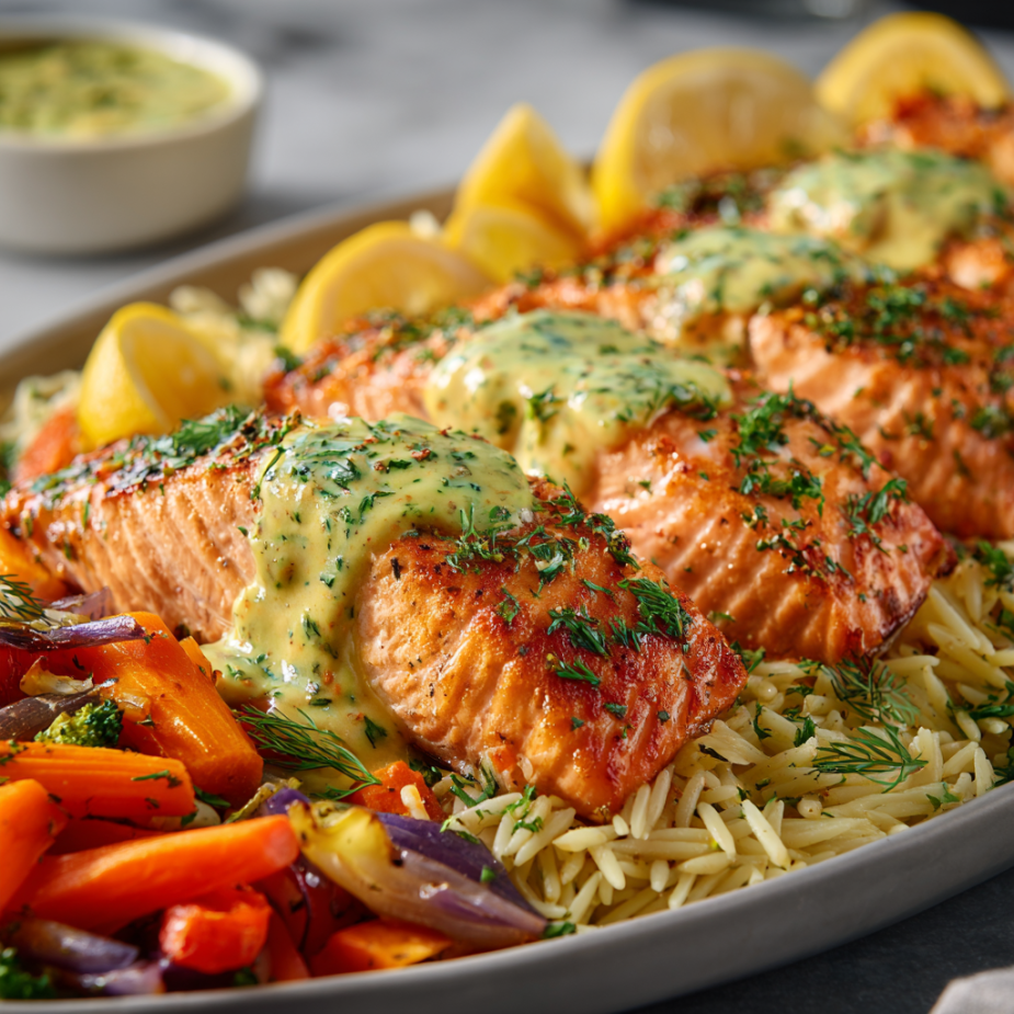 Salmon Lemon Herb Family Bundle platter with roasted salmon fillets, orzo pasta, and roasted vegetables – serves 5