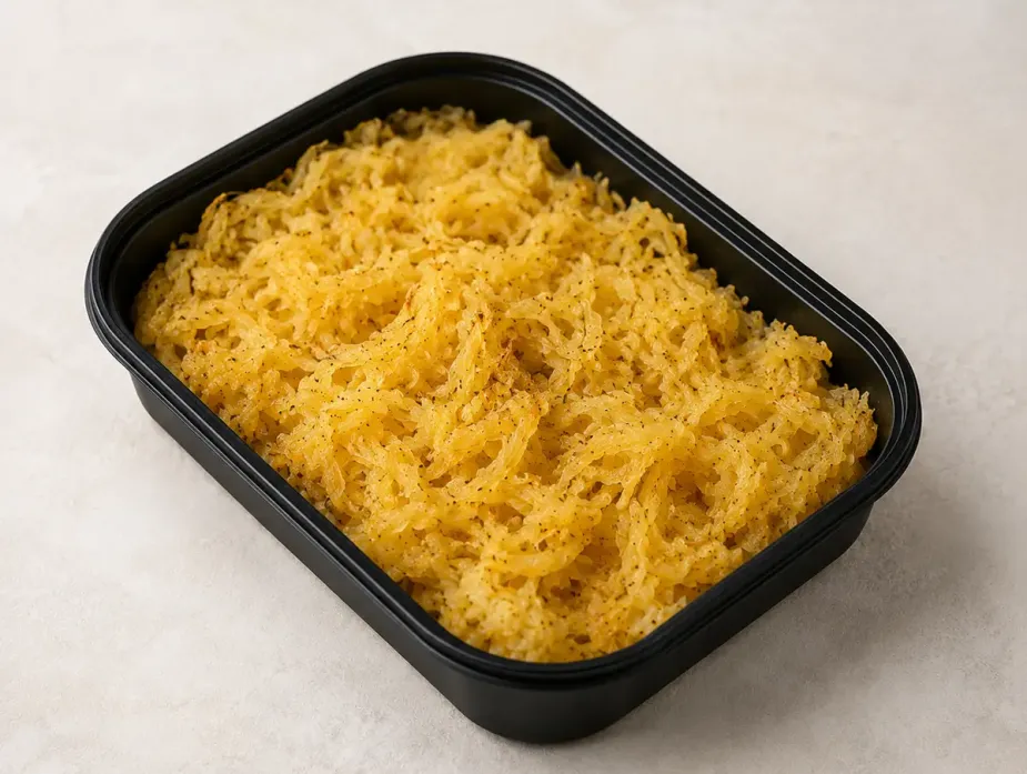 Spaghetti Squash in a black meal-prep container.