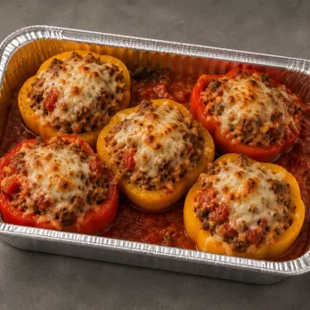 Five stuffed bell peppers with turkey, quinoa, tomato sauce and melted cheese in a half-size aluminum tray