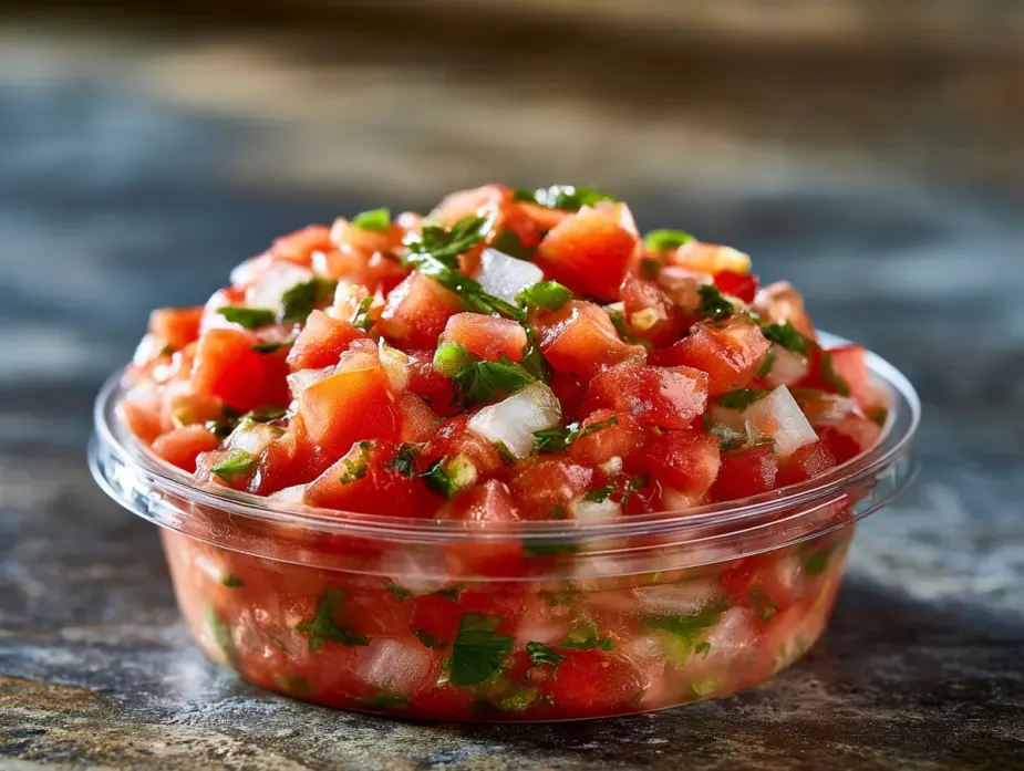 Fresh Pico de Gallo sold by the ounce in a black meal-prep container.