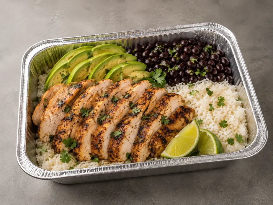 Cilantro Lime Chicken Family Bundle with grilled chicken, white rice, black beans, avocado and lime in an aluminum tray