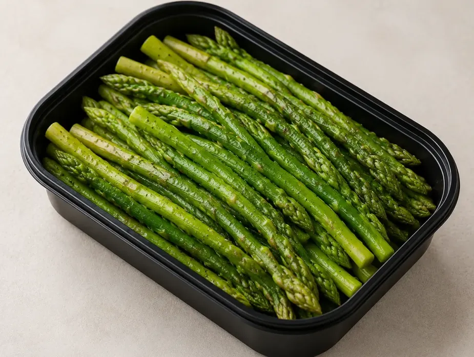 Steamed Asparagus in a black meal-prep container.