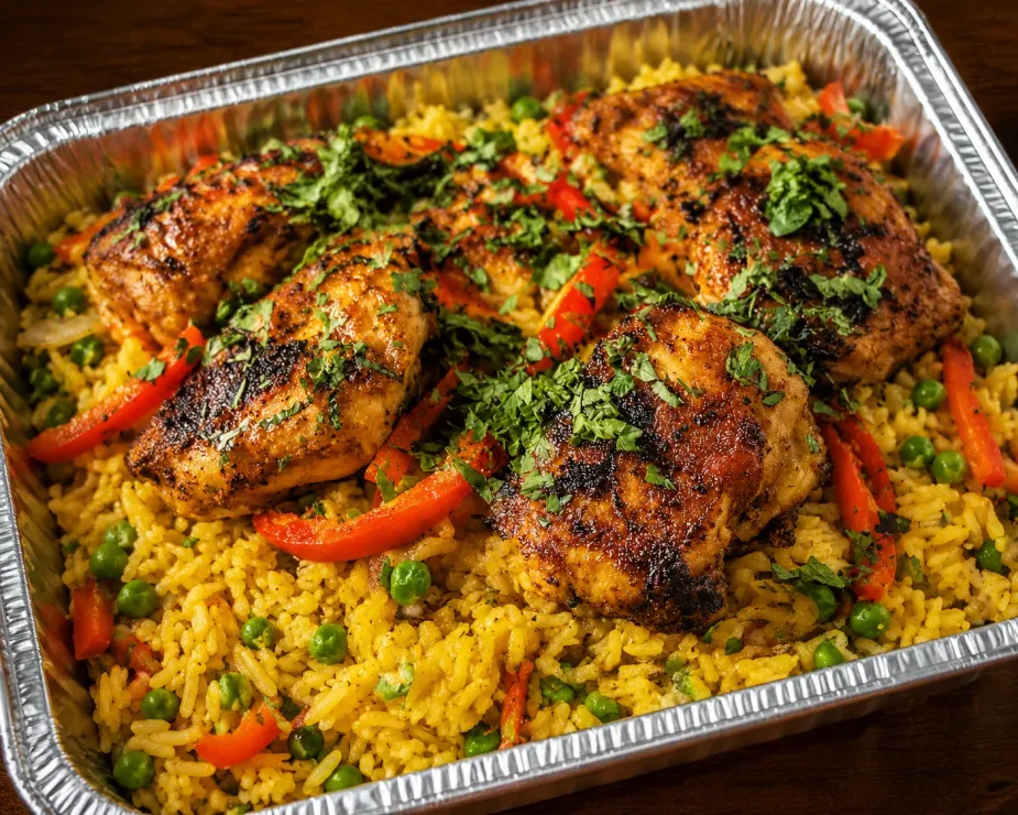 Peruvian Arroz con Pollo Family Bundle with roasted chicken, seasoned rice, peas and peppers in an aluminum tray