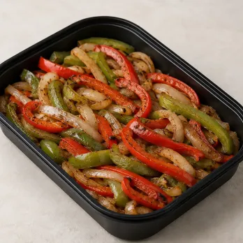 Fajita Vegetables in a black meal-prep container.