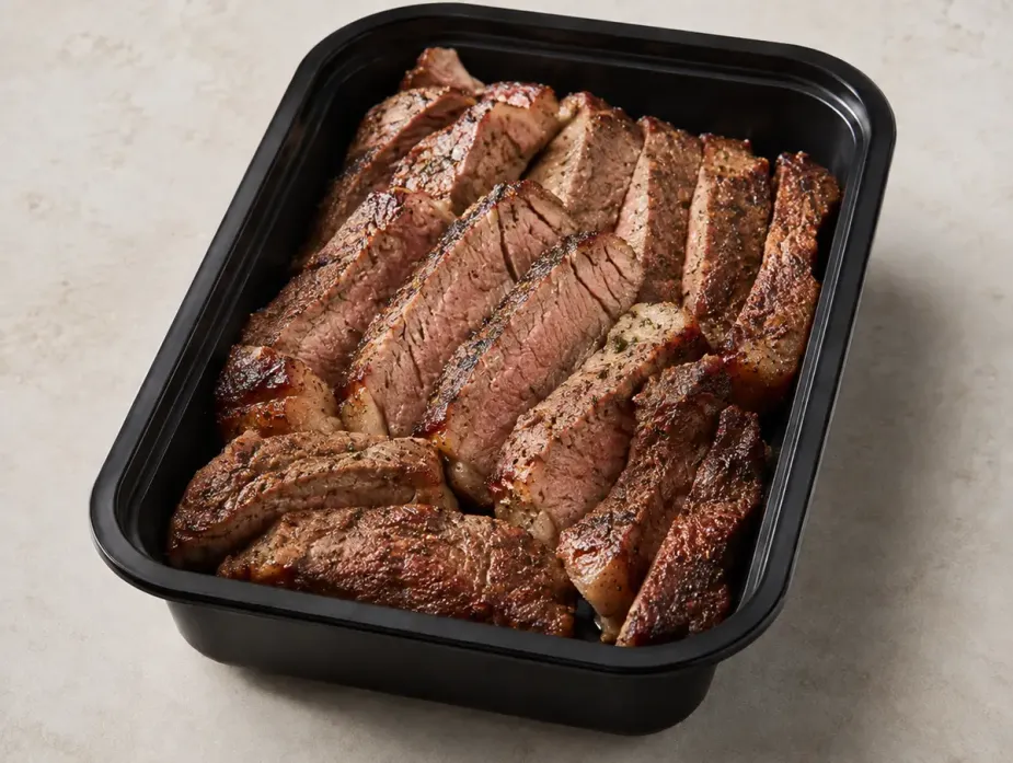 Grass Fed NY Strip in a black meal-prep container.