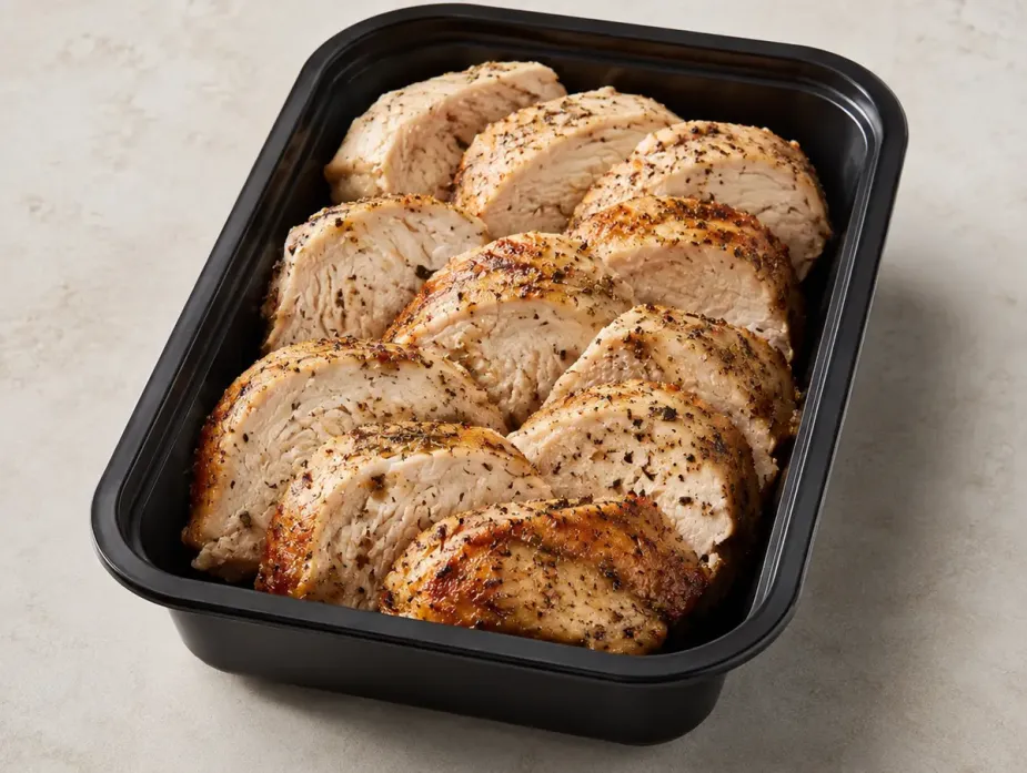 Pan Roasted Chicken Breast in a black meal-prep container.
