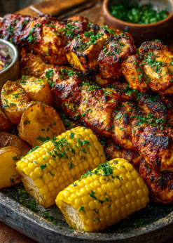 Peruvian Chicken Anticuchos Family Bundle platter with grilled chicken skewers, corn on the cob, and roasted peppers – serves 5