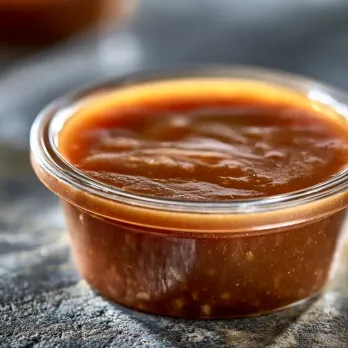 THK Mongolian Sauce sold by the ounce in a black meal-prep container.