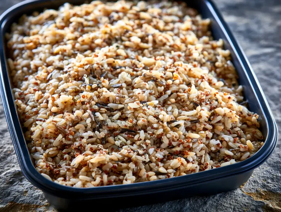 Whole Grain Medley sold by the ounce in a black meal-prep container.