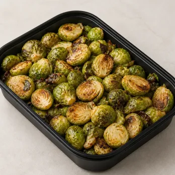 Roasted Brussels Sprouts in a black meal-prep container.