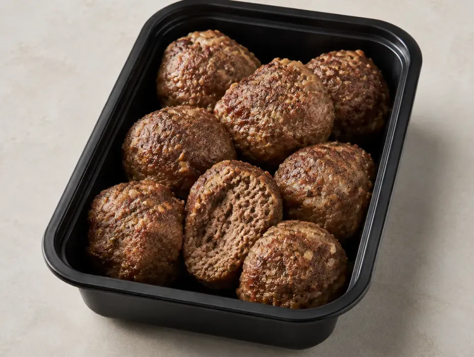 Angus Beef Meatballs in a black meal-prep container.