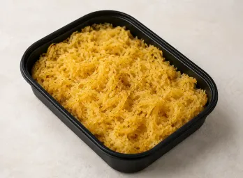 Spaghetti Squash in a black meal-prep container.