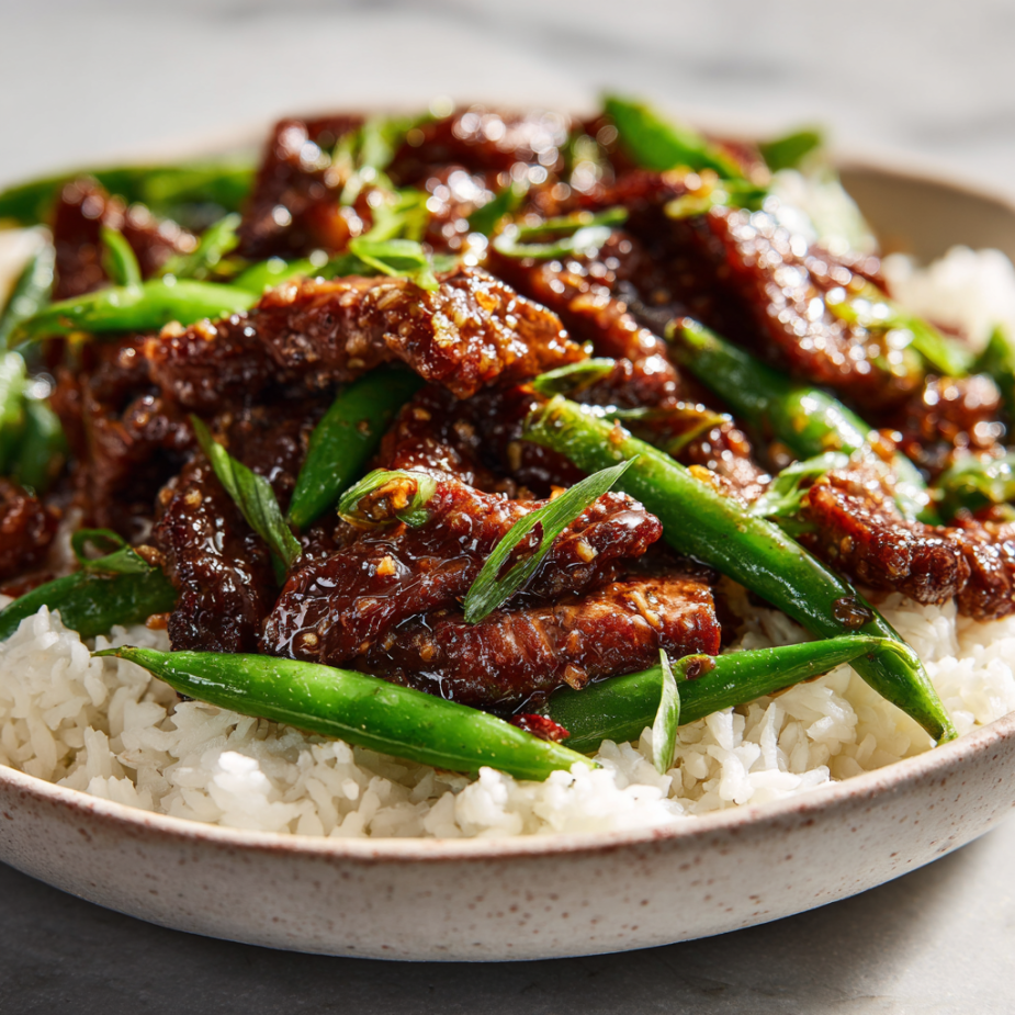 Mongolian Beef Family Bundle platter with beef, coconut rice, and snap peas