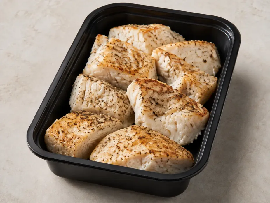 Wild Caught White Fish in a black meal-prep container.