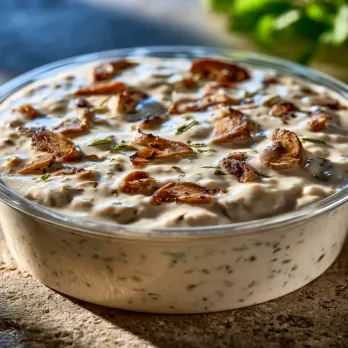 Mushroom Cream Sauce sold by the ounce in a black meal-prep container.