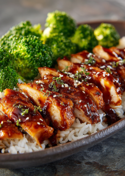 Teriyaki Chicken Family Bundle platter with glazed chicken, sesame broccoli, and coconut jasmine rice