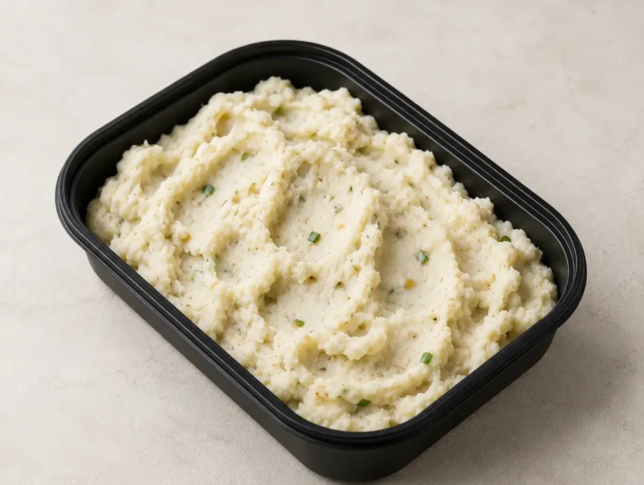 Steakhouse Mashed Potatoes in a black meal-prep container.