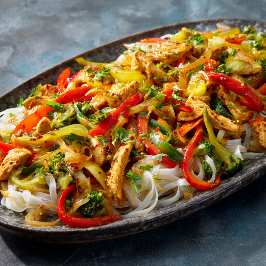 Chicken Stir Fry Family Bundle platter with chicken, colorful vegetables, and rice noodles