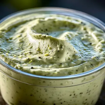 Avocado Aioli sold by the ounce in a black meal-prep container.