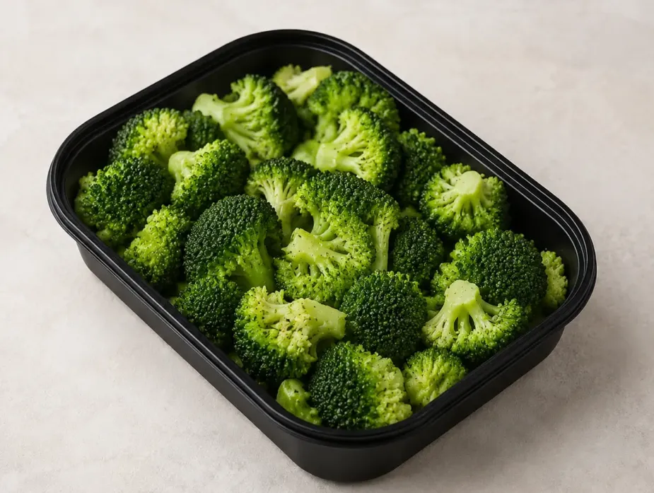 Steamed Broccoli in a black meal-prep container.