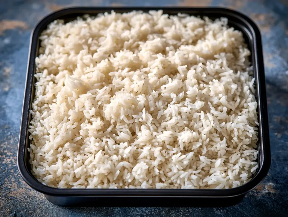 Thai Jasmine Rice sold by the ounce in a black meal-prep container.