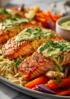 Salmon Lemon Herb Family Bundle platter with roasted salmon fillets, orzo pasta, and roasted vegetables – serves 5