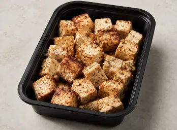 Grilled Tofu in a black meal-prep container.