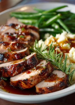 Pork Tenderloin Family Bundle platter with pork tenderloin, mashed potatoes, and green beans
