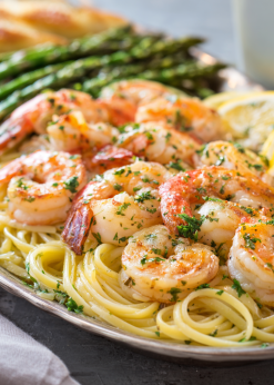 hrimp Scampi Pasta Family Bundle platter with linguine, garlic butter shrimp, and roasted asparagus