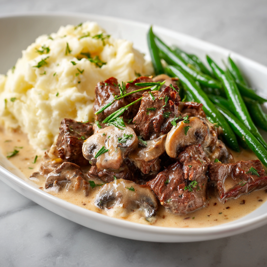 Beef Stroganoff Family Bundle platter with creamy beef, mashed potatoes, and haricot verts – serves 5