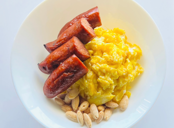Scrambled eggs, Kielbasa and walnuts