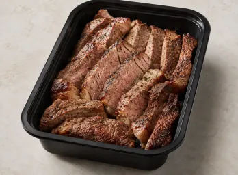 Grass Fed NY Strip in a black meal-prep container.