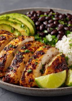 Cilantro Lime Chicken Family Bundle platter with grilled chicken, rice, beans, and avocado