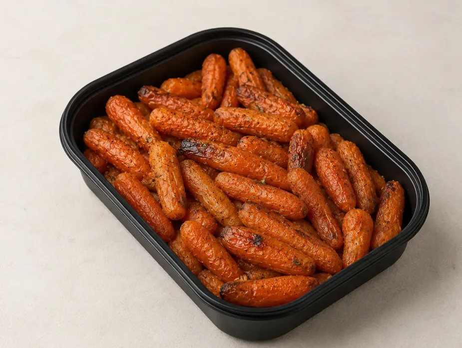 Roasted Baby Carrots in a black meal-prep container.